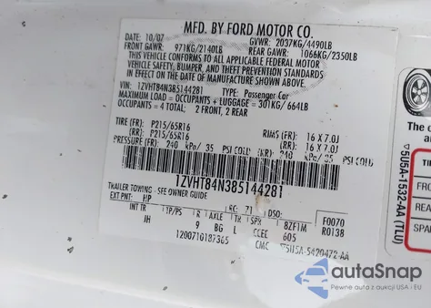 2008 Ford Mustang V6 Deluxe/V6 Premium z USA, uszkodzony, nr VIN 1ZVHT84N385144281